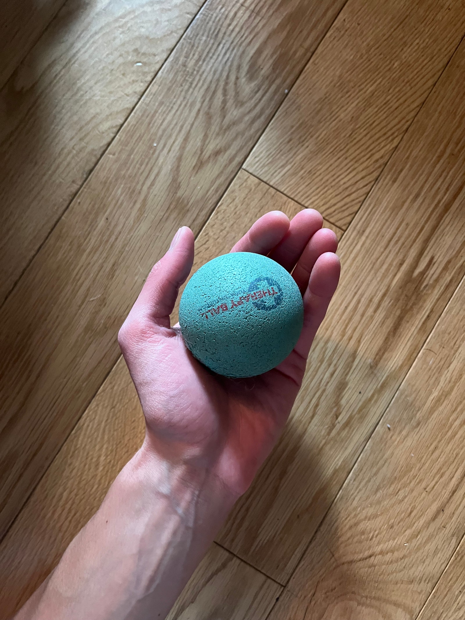 Person holding a blue massage ball in their hand